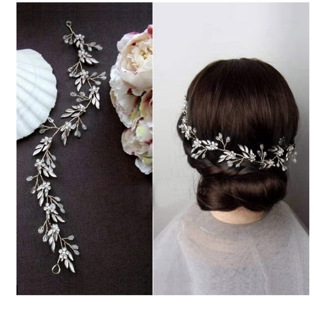 Silver Leaf Wedding Hair Vine, Flower, Crystal, Rhinestone, Long Headband‎
